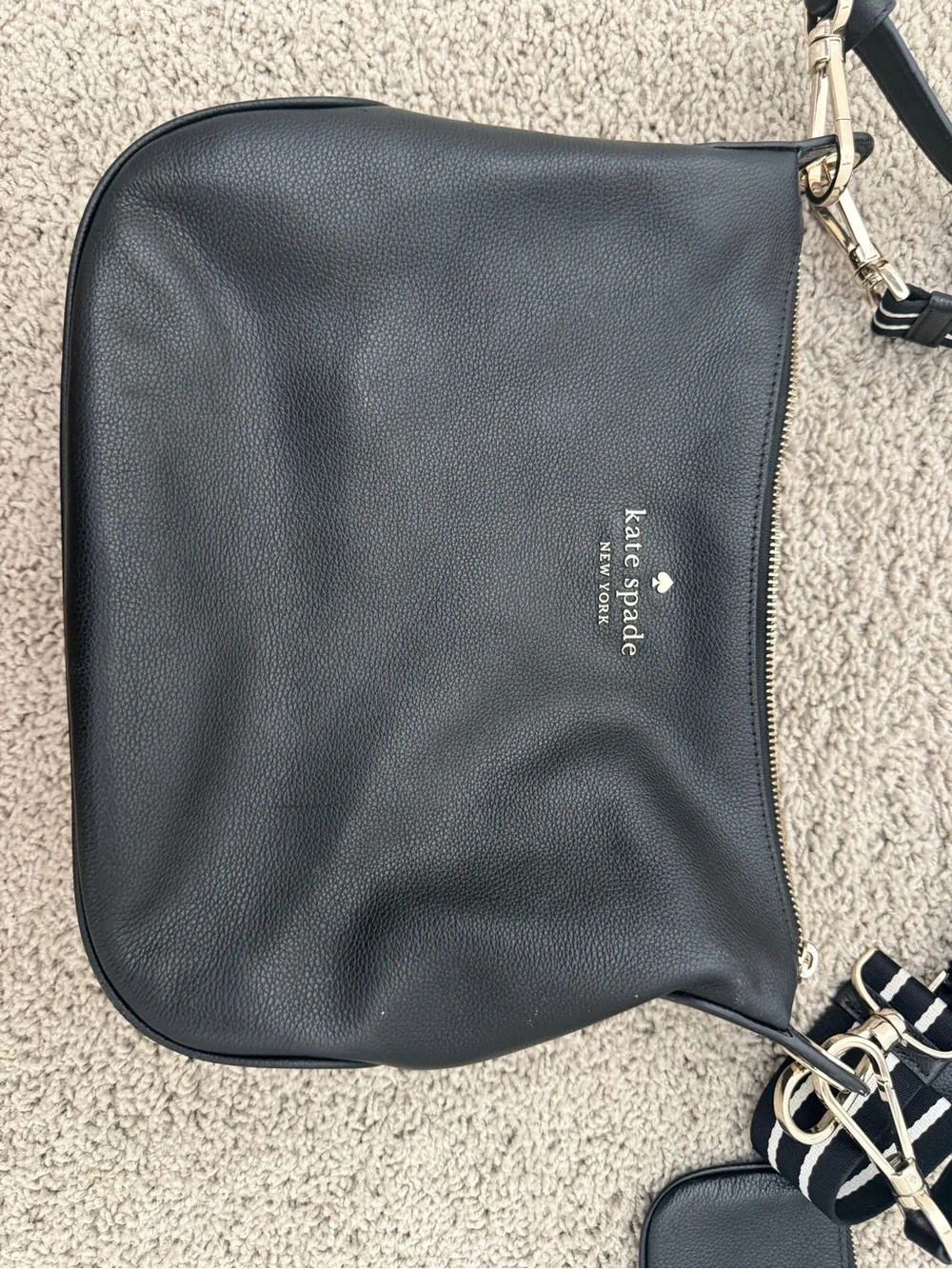kate spade black pebbled leather shoulder bag with striped strap